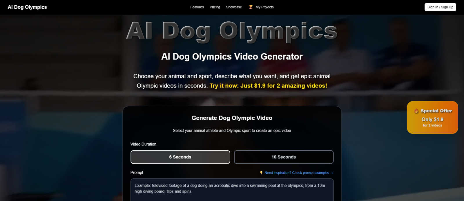 AI Dog Olympics Generator application interface and features