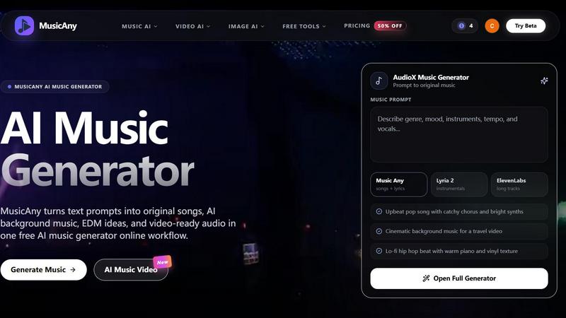 MusicAny AI Music Generator application interface and features