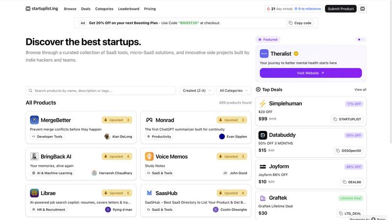 Startup Listing application interface and features